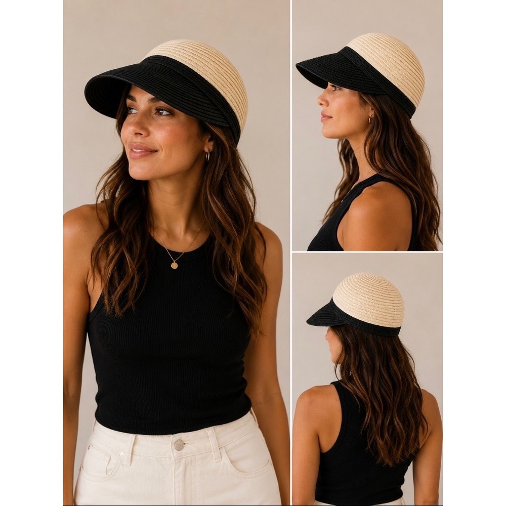 Woven Paper Straw Two Tone Color Block Cloche Sun Hat Cream Black Womens